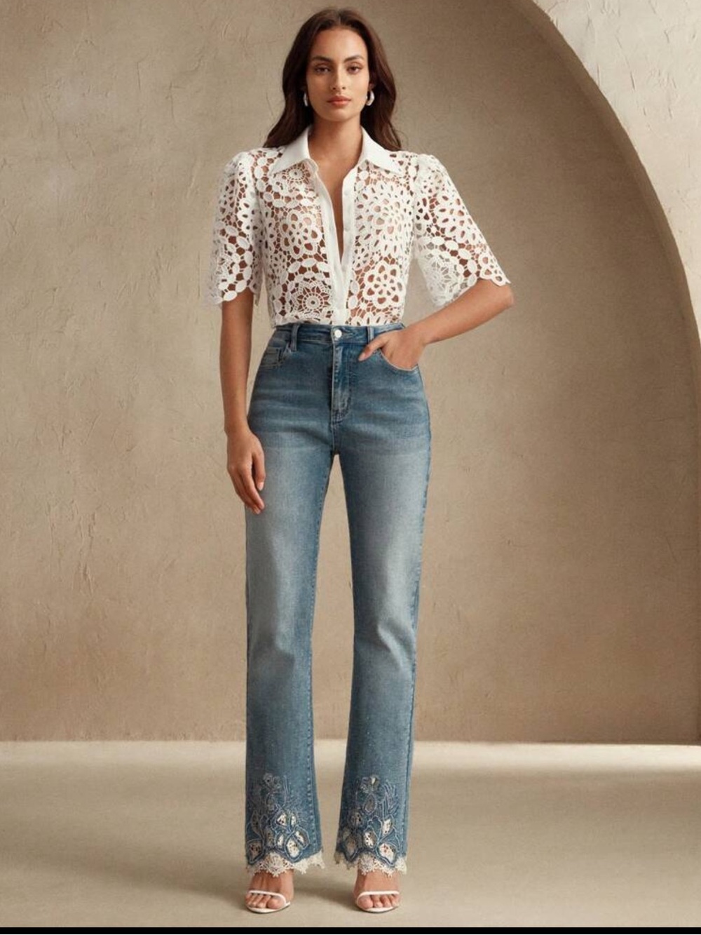 White Floral Crochet Lace Button-Front Blouse